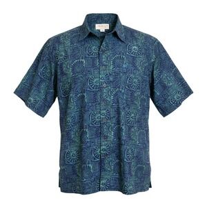 Johari West Mens 3XLT Blue Green Batik Cotton Short Sleeve Buttoned Cotton Shirt